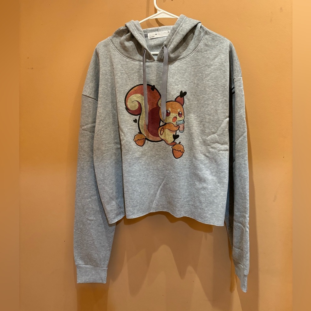 Roma Concepts Squirrel With Coffee Cropped Grey Size 1X Hoodie NWT